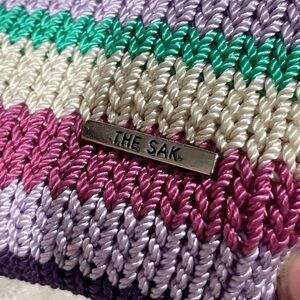 The SAK Striped Zip Knit Crochet Shoulder Bag W/Multicolor Purple Design Purse